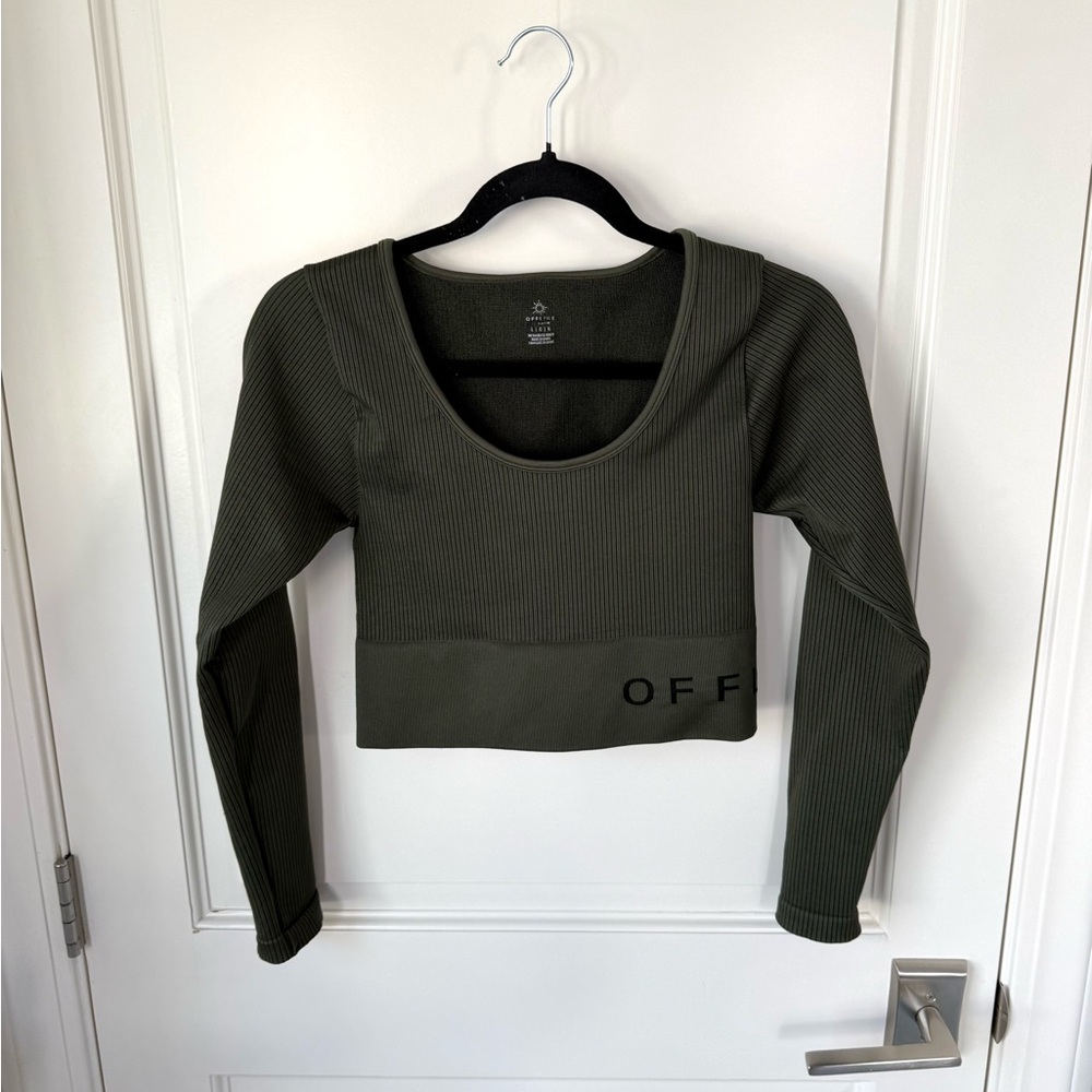 Offline By Aerie Crop Top LARGE Long Sleeve Olive Green Ribbed Workout